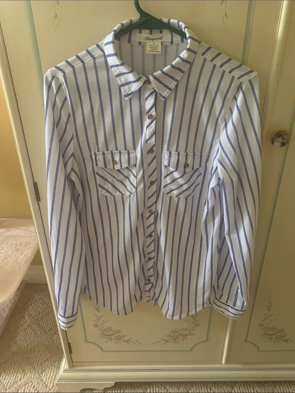 PASSPORT Blue & White Striped Roll-Tab Sleeve Button-Down Shirt